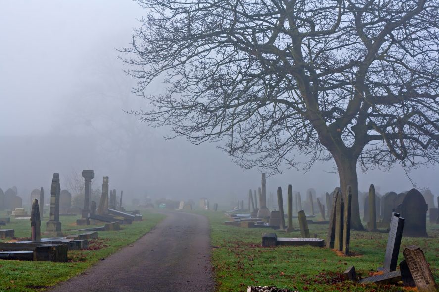 Spooky old cemetery on a foggy day