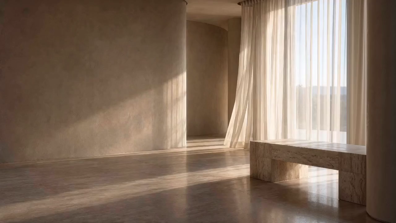 Lyst, arkitektonisk rom med kalkstein og lette gardiner
