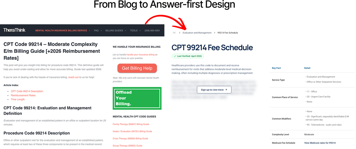 PayerPrice answer-first design: surfacing the most important information immediately, above the fold.