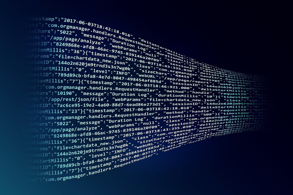 Blauwe stroom van JSON-logdata en request-logs, symbool voor een AI-agent met toegang tot een productiedatabase