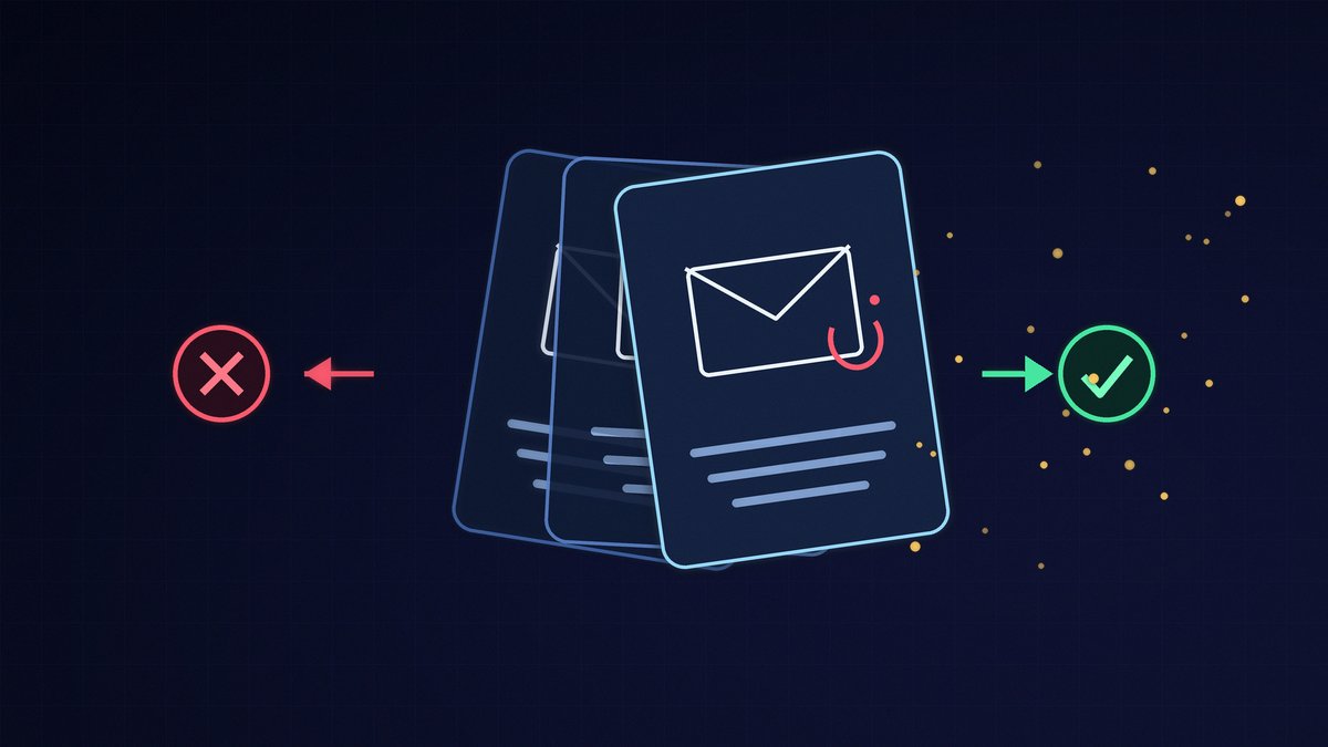 Stack of message cards with a red reject mark on the left and a green accept mark on the right, symbolising a swipe game for spotting phishing