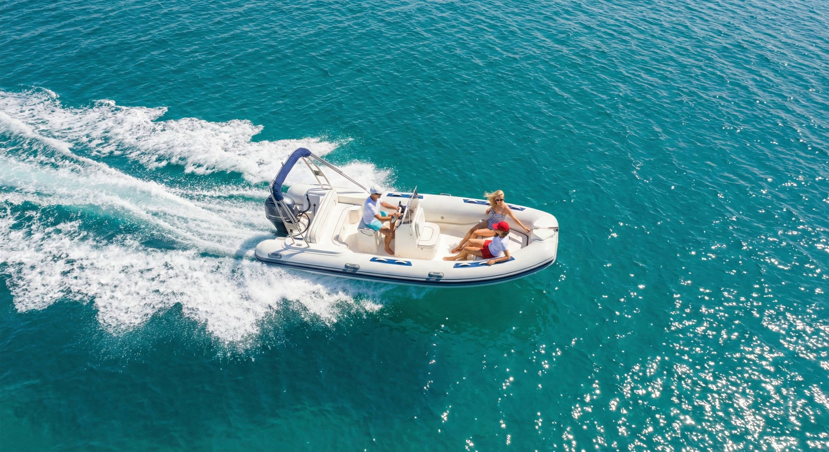 Bateau semi-rigide en navigation sur mer turquoise