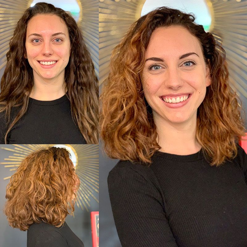 Avant-après d'une coupe et coloration de cheveux bouclés
