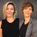 Avant-après coiffure de deux femmes devant fond rayonnant