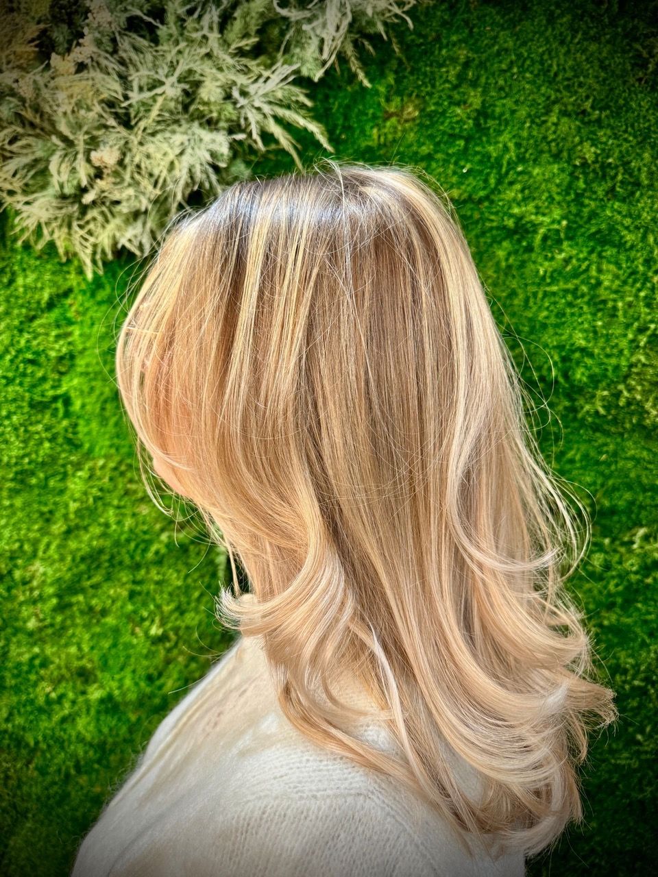 Coupe blond doré aux reflets sur fond végétal