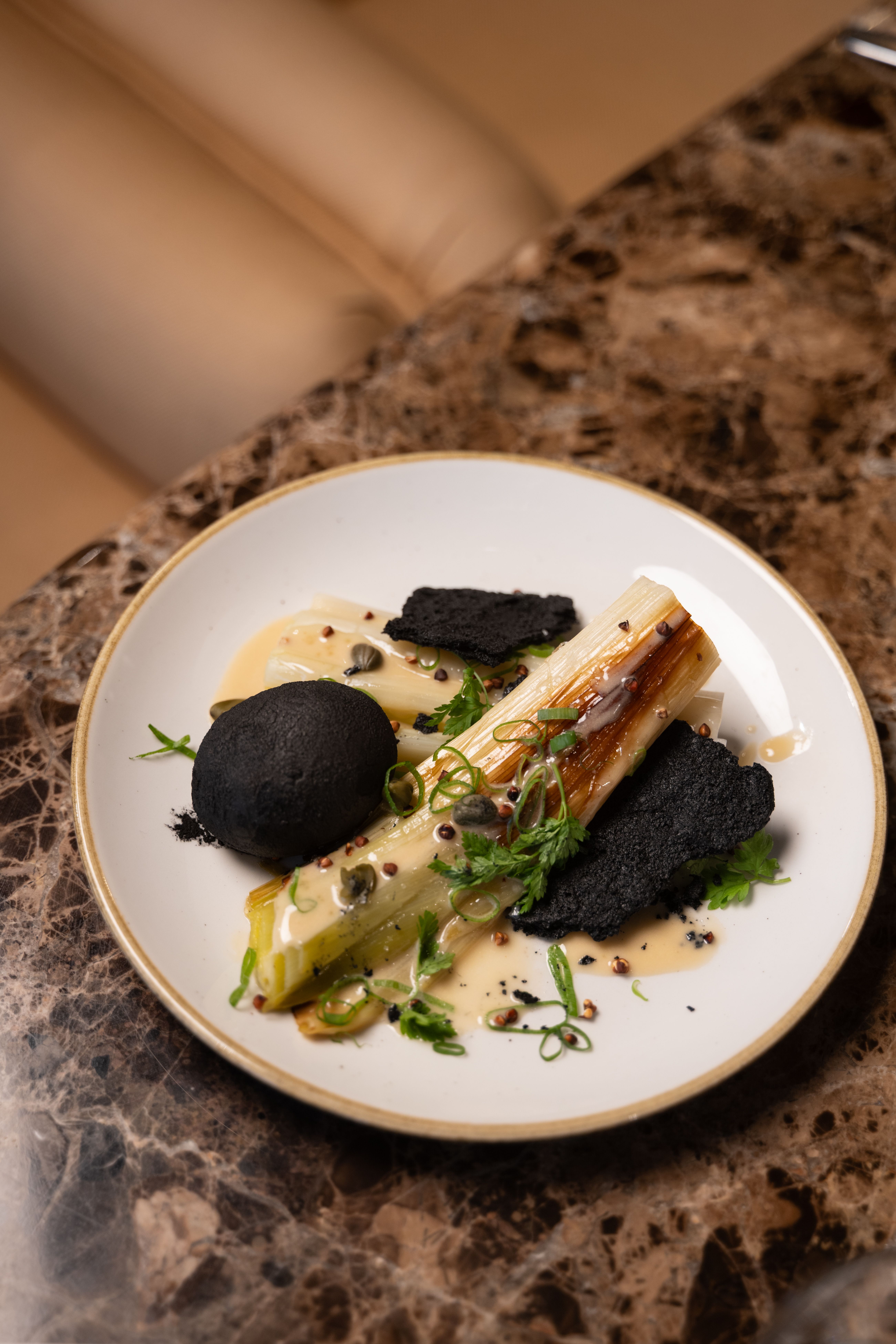 Plat gastronomique poireau brûlé et tuile noire