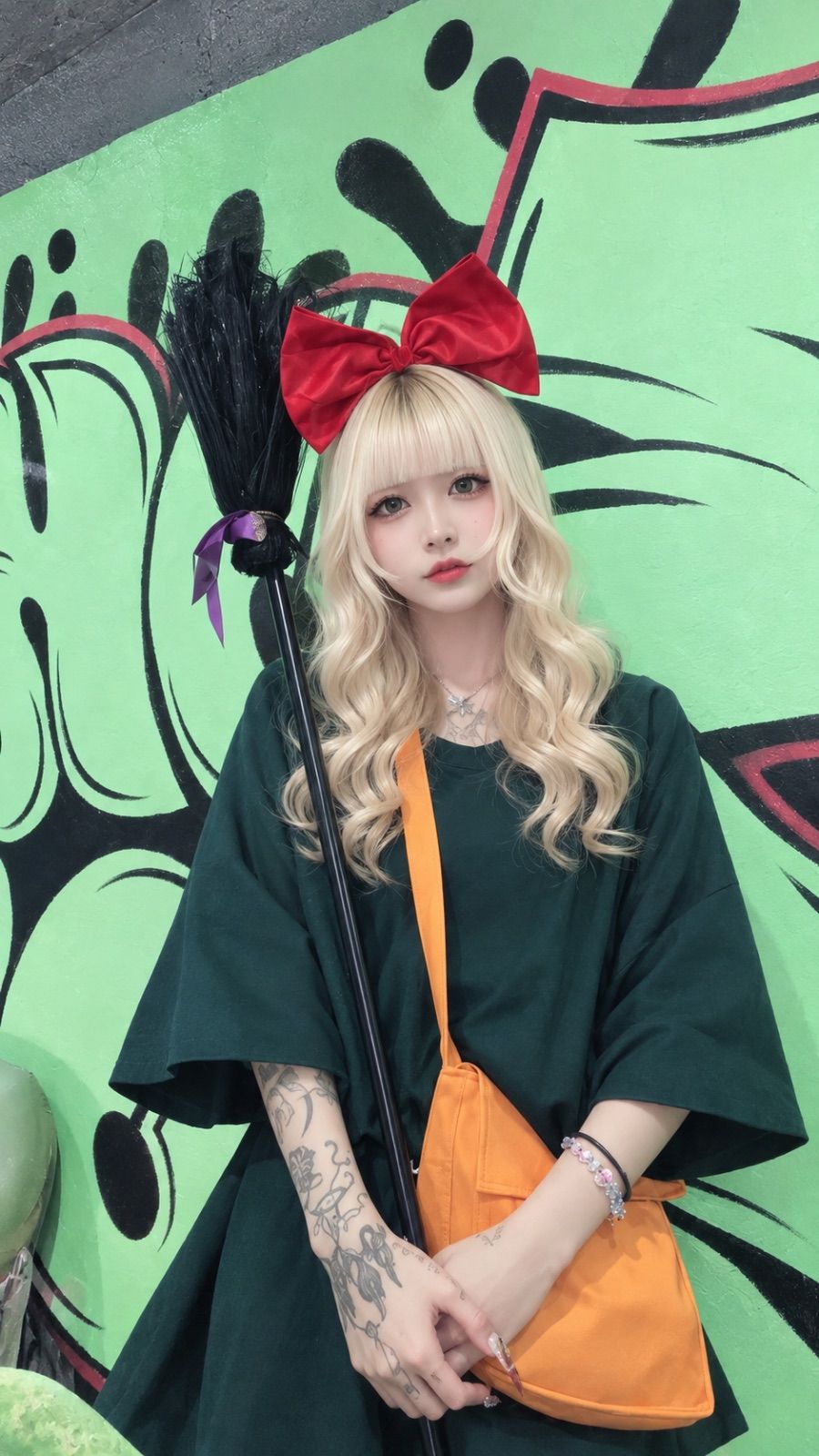 赤いリボンと箒を手にした魔女姿のももな、大阪ミナミの暴走☆喫茶 族族で異色の可愛さを演出。