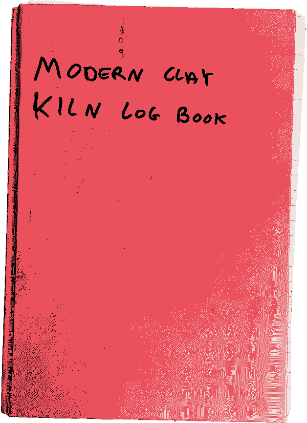 A pink exercise book with 'Modern Clay Kiln Log Book' written in black Sharpie.