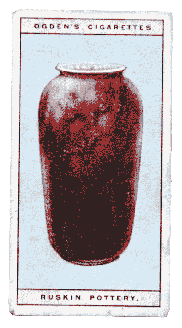 A scan of an old cigarette card showing a vase by Ruskin Pottery