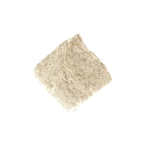A square pad of loosely matted hemp fibre in pale straw, its edges soft and frayed and its surface open and fibrous.