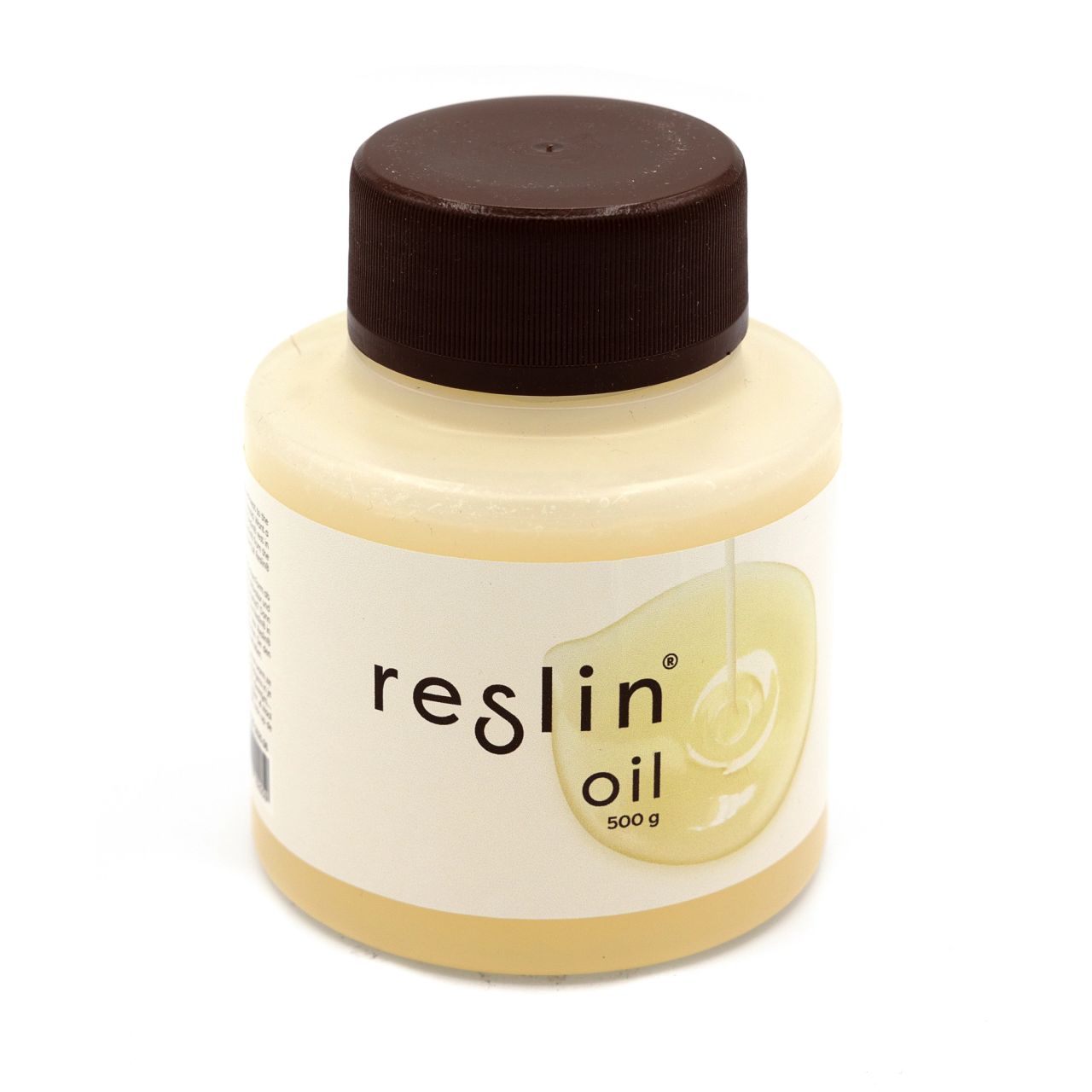 A squat plastic tub of pale yellow resin with a dark brown screw lid, labelled “reslin oil, 500 g” beside a small leaf-and-droplet illustration.