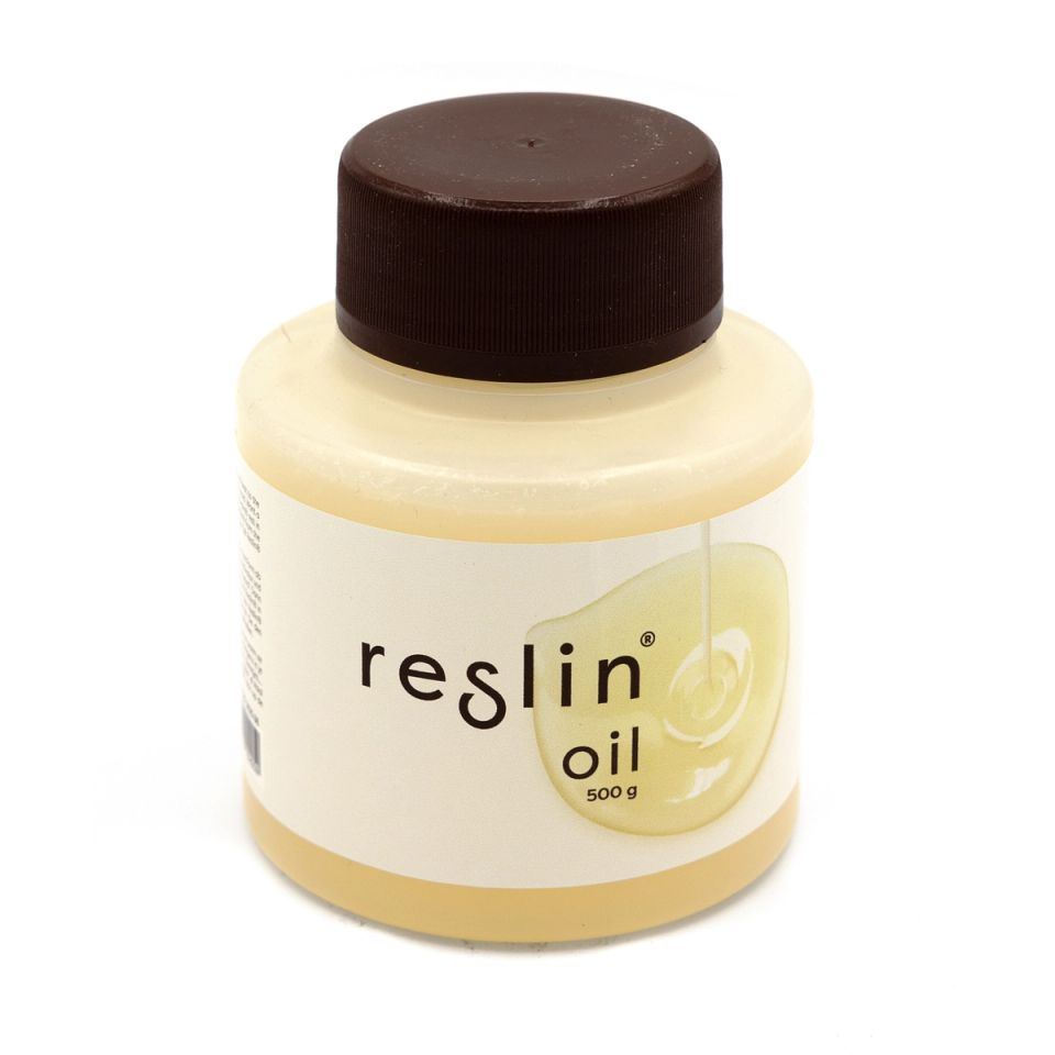 A squat plastic tub of pale yellow resin with a dark brown screw lid, labelled “reslin oil, 500 g” beside a small leaf-and-droplet illustration.
