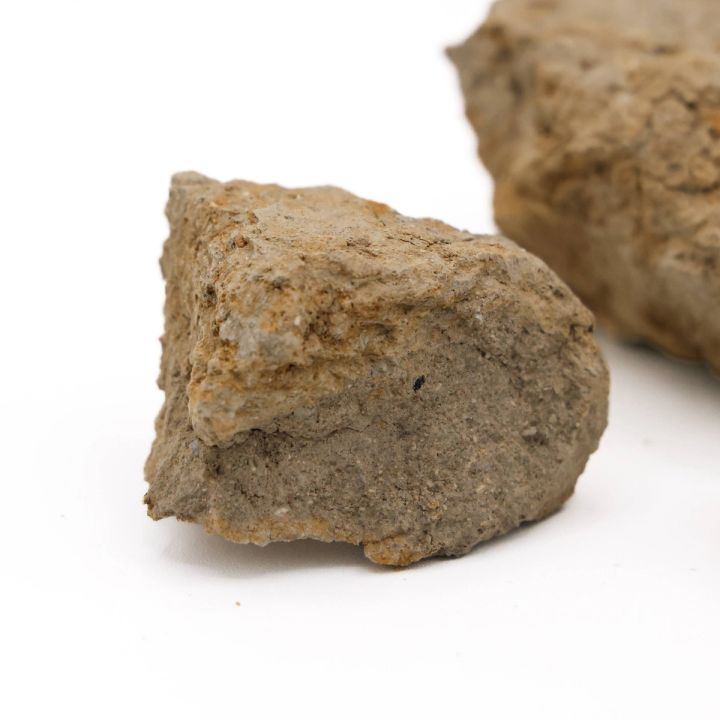 Two chunks seen closer, their sandy ochre surfaces coarse and pitted with paler grit worked through the broken faces.