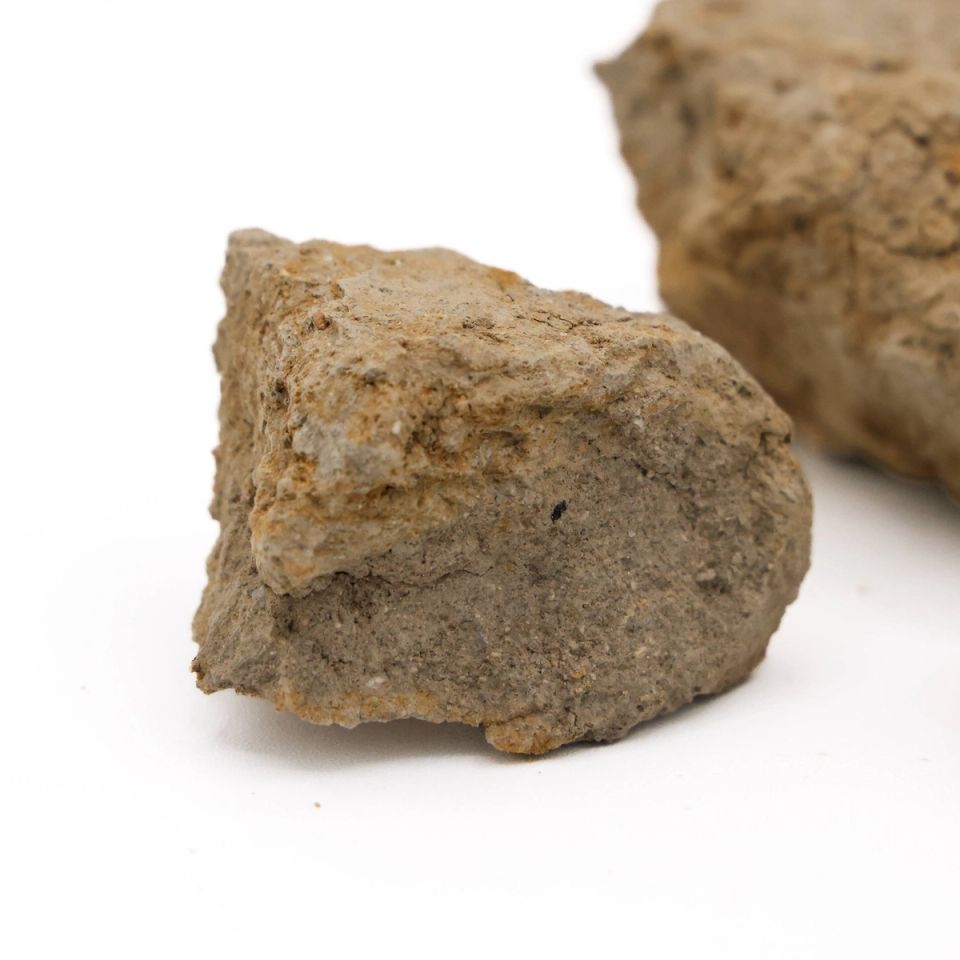 Two chunks seen closer, their sandy ochre surfaces coarse and pitted with paler grit worked through the broken faces.