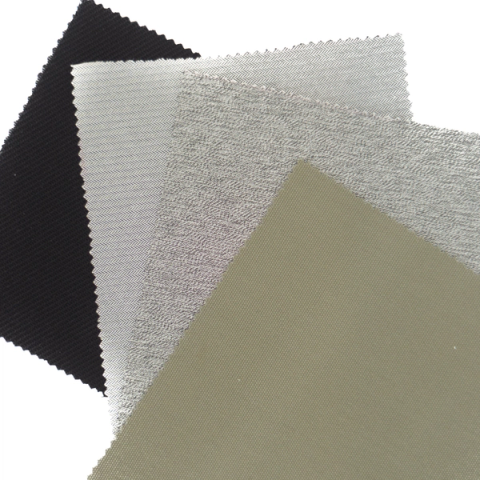 Four overlapping swatches of woven abaca fabric fanned across one another: black twill, a fine grey herringbone, a silvery metallic weave, and a smooth olive-khaki coated face.