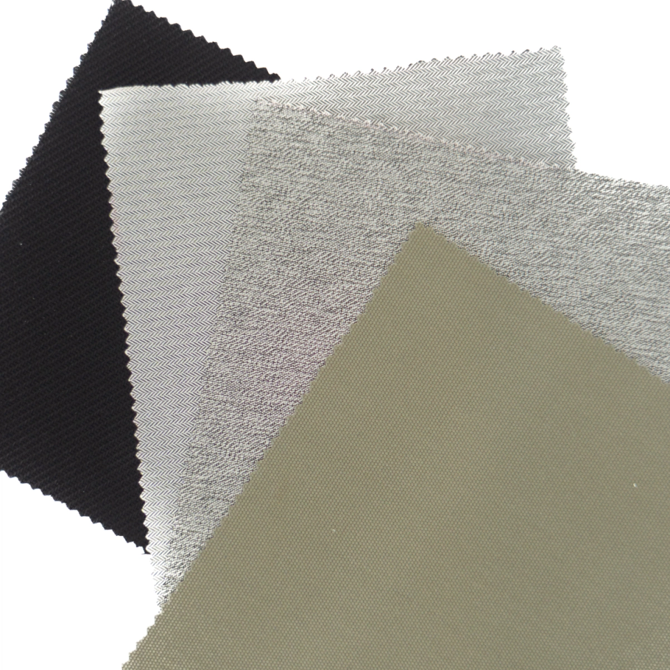 Four overlapping swatches of woven abaca fabric fanned across one another: black twill, a fine grey herringbone, a silvery metallic weave, and a smooth olive-khaki coated face.
