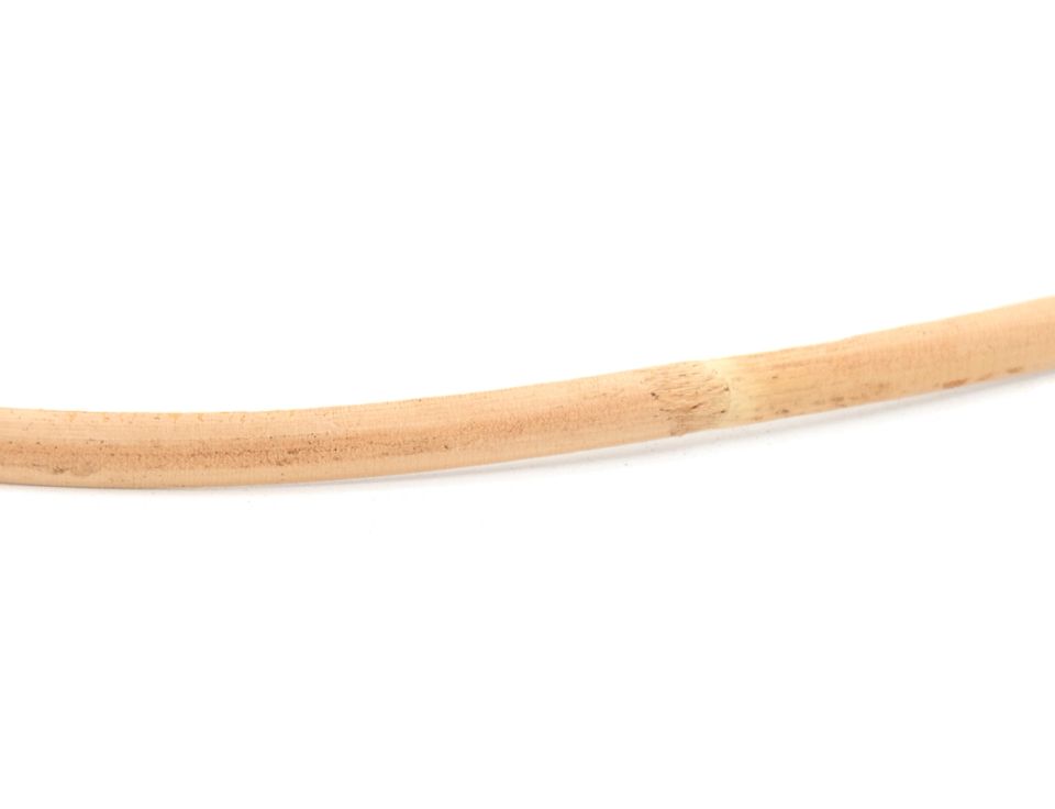 A single rattan reed curving across the frame, pale honey-coloured and marked by a small darker node.