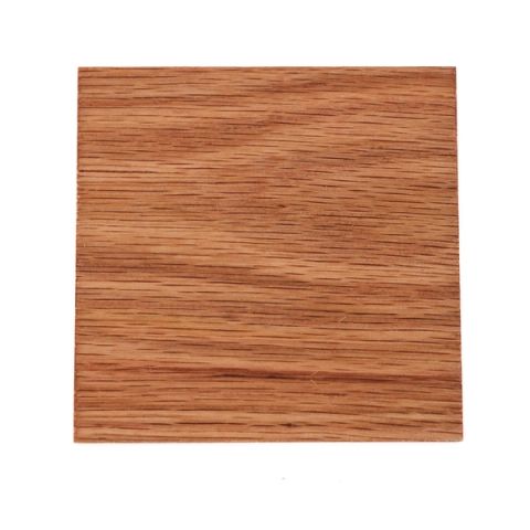 A square of red oak in warm reddish tan, its grain running in fine straight horizontal lines flecked with darker markings.