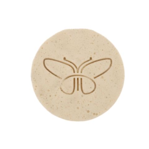 A round disc of pale cream foam, its surface finely pitted with small bubbles and embossed with a line-drawn butterfly.