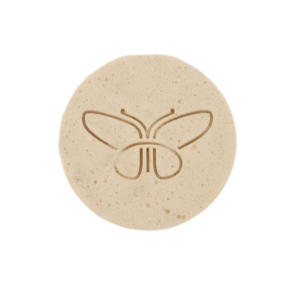 A round disc of pale cream foam, its surface finely pitted with small bubbles and embossed with a line-drawn butterfly.