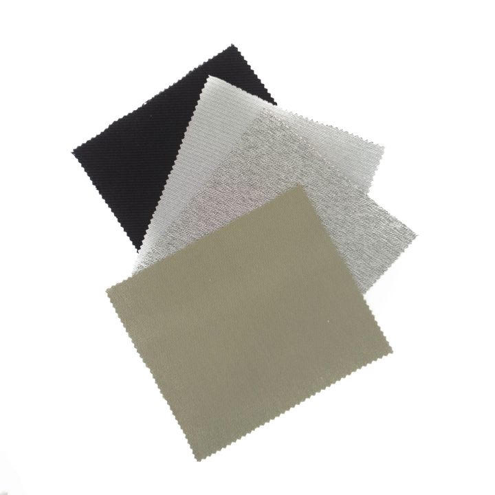 The four swatches spread apart rather than overlapping — black, two silvers and olive — so each finish is visible in full.