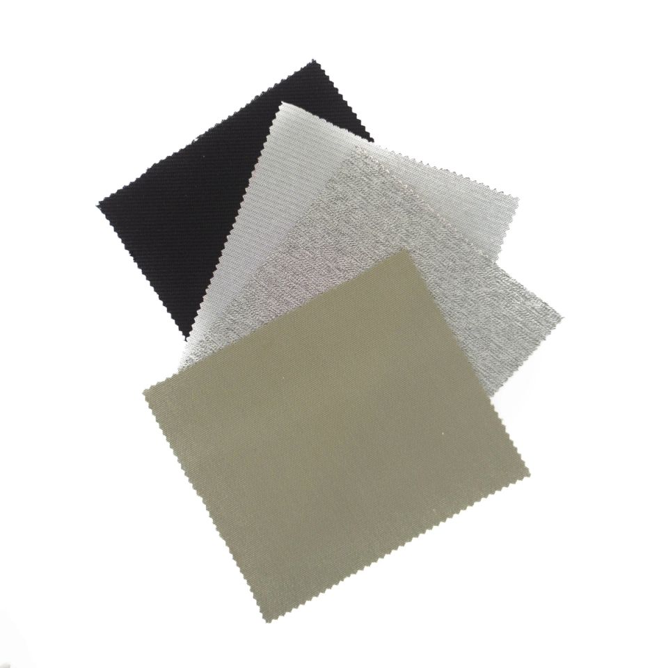 The four swatches spread apart rather than overlapping — black, two silvers and olive — so each finish is visible in full.