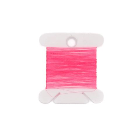 Fine hot-pink filament wound in a dense flat block on a white bobbin, a single loose strand looping beneath.