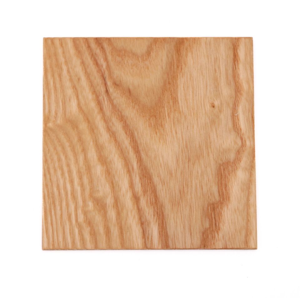A square of pale golden ash, planed smooth, its grain arching in concentric bands across the face.