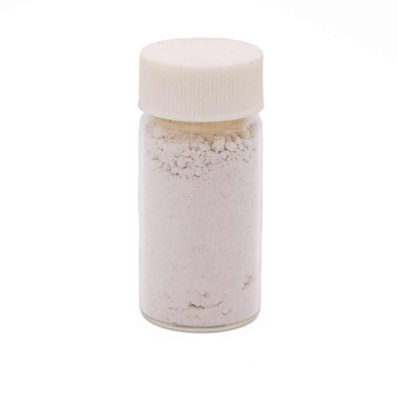 A clear glass vial with a ribbed white screw cap, filled with fine off-white powder that clumps softly near the top and carries a faint sandy tint.