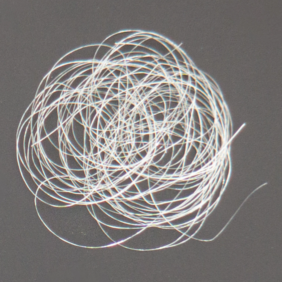 A loose tangle of fine translucent filaments coiled into a flat nest, catching the light in faint rainbow glints along their lengths.