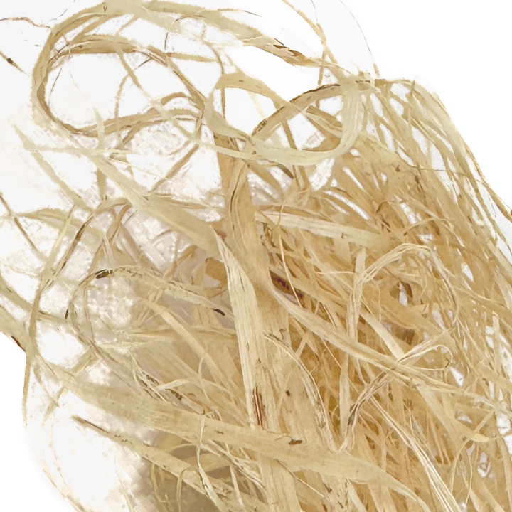 A close view of the fibre, long pale strands looping and crossing in a dense tangle with a faint golden sheen.