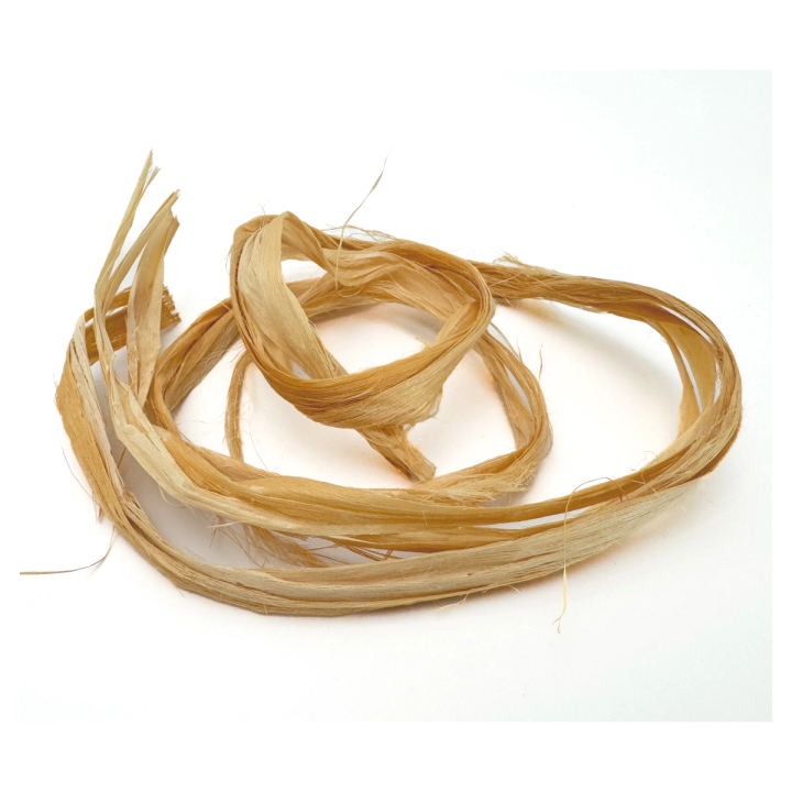 A longer length coiled loosely, its flat golden ribbons splitting into fine threads at the cut ends.