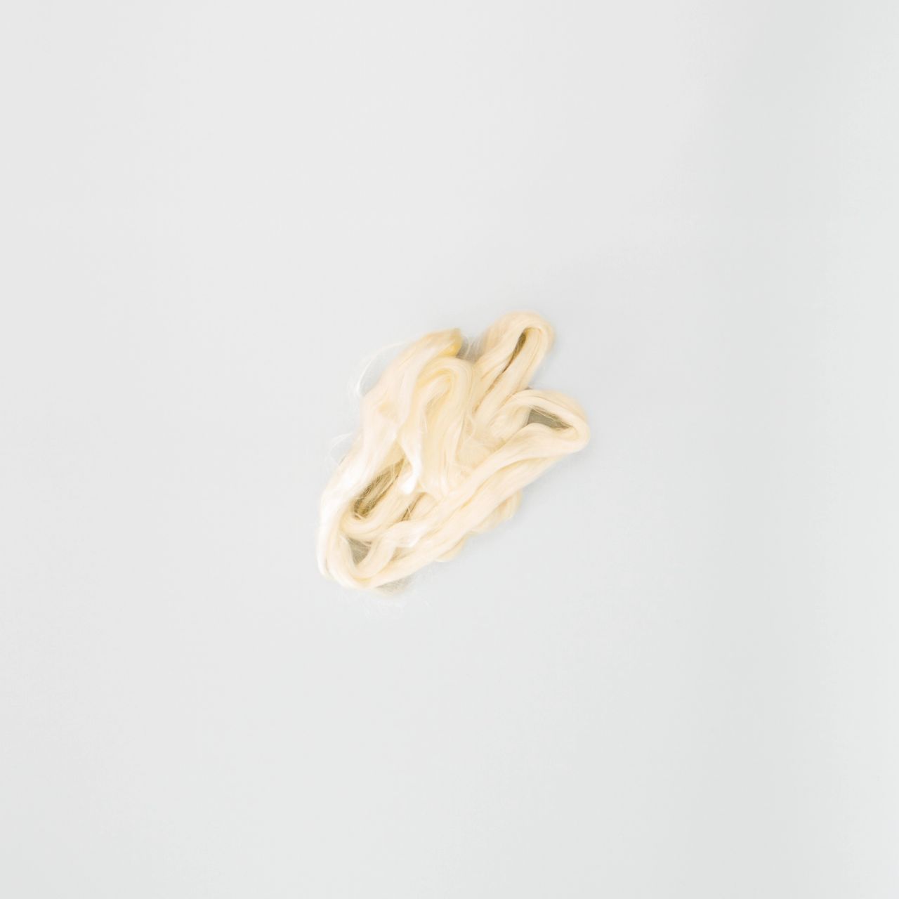 A loose skein of undyed silk in soft ivory, the filaments smooth and lustrous, gathered into a small tangle of loops.