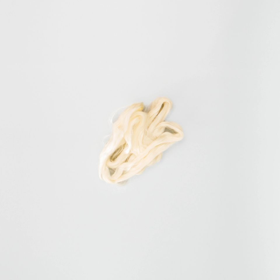 A loose skein of undyed silk in soft ivory, the filaments smooth and lustrous, gathered into a small tangle of loops.