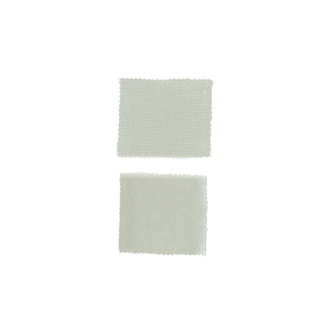Two small square swatches of pale sage knit stacked one above the other, both finely ribbed with pinked edges.