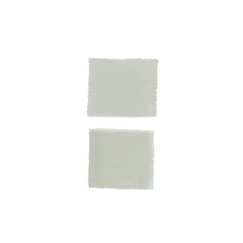 Two small square swatches of pale sage knit stacked one above the other, both finely ribbed with pinked edges.