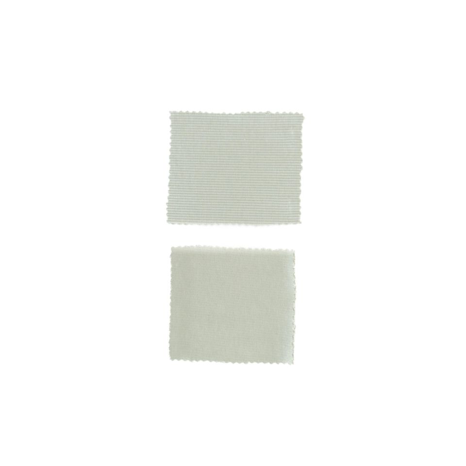 Two small square swatches of pale sage knit stacked one above the other, both finely ribbed with pinked edges.