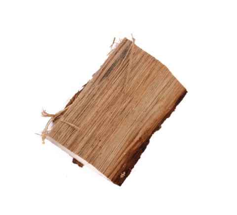 A block of white oak seen at an angle, its face showing tight straight grain in warm tan with a darker split at the top and frayed fibres at one corner.