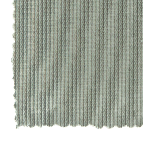A close view of sage-green ribbed knit, fine vertical ribs running the full height with a softly notched lower edge.