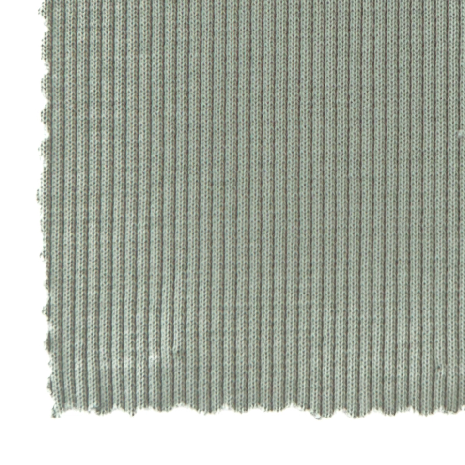 A close view of sage-green ribbed knit, fine vertical ribs running the full height with a softly notched lower edge.
