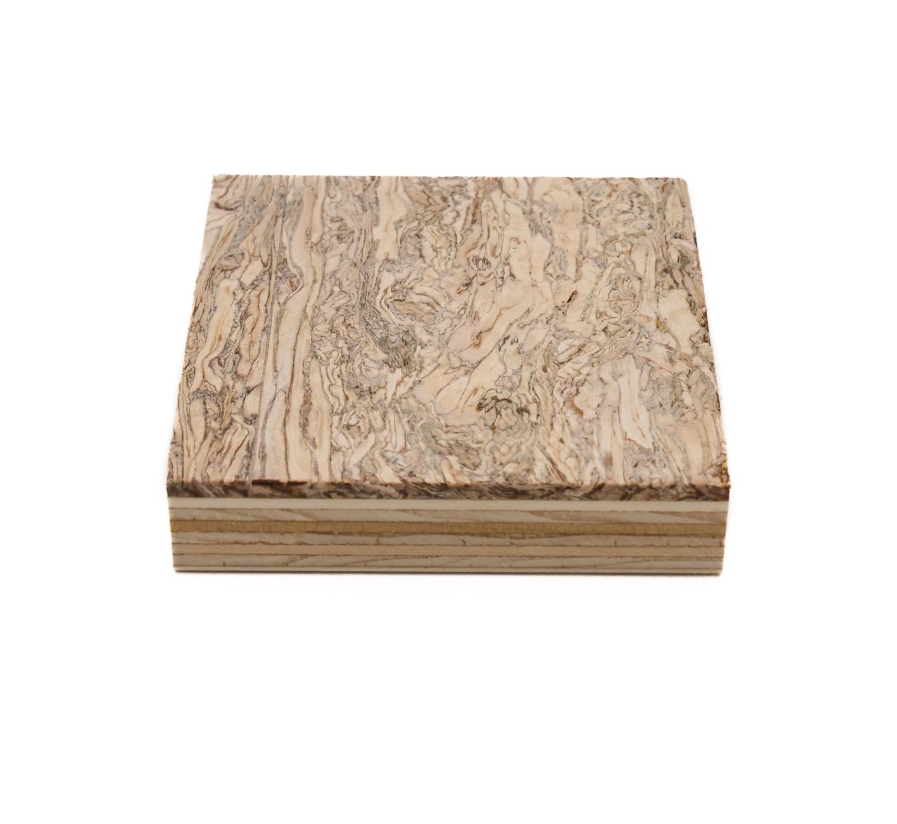 A thick square panel seen at an angle: the top face a swirling cream-and-brown hemp veneer, with pale plywood layers visible along the cut edge.
