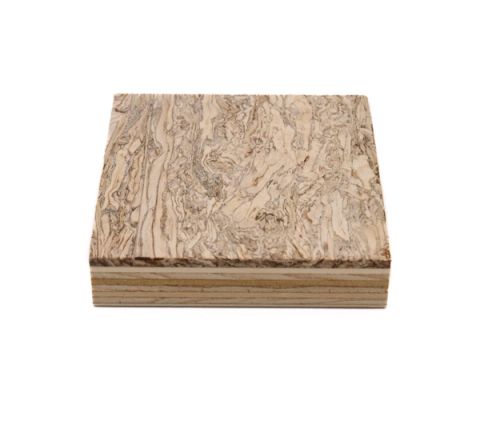 A thick square panel seen at an angle: the top face a swirling cream-and-brown hemp veneer, with pale plywood layers visible along the cut edge.