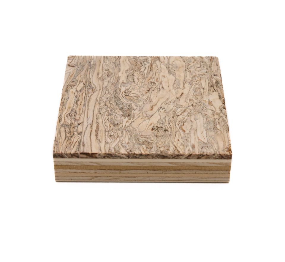 A thick square panel seen at an angle: the top face a swirling cream-and-brown hemp veneer, with pale plywood layers visible along the cut edge.