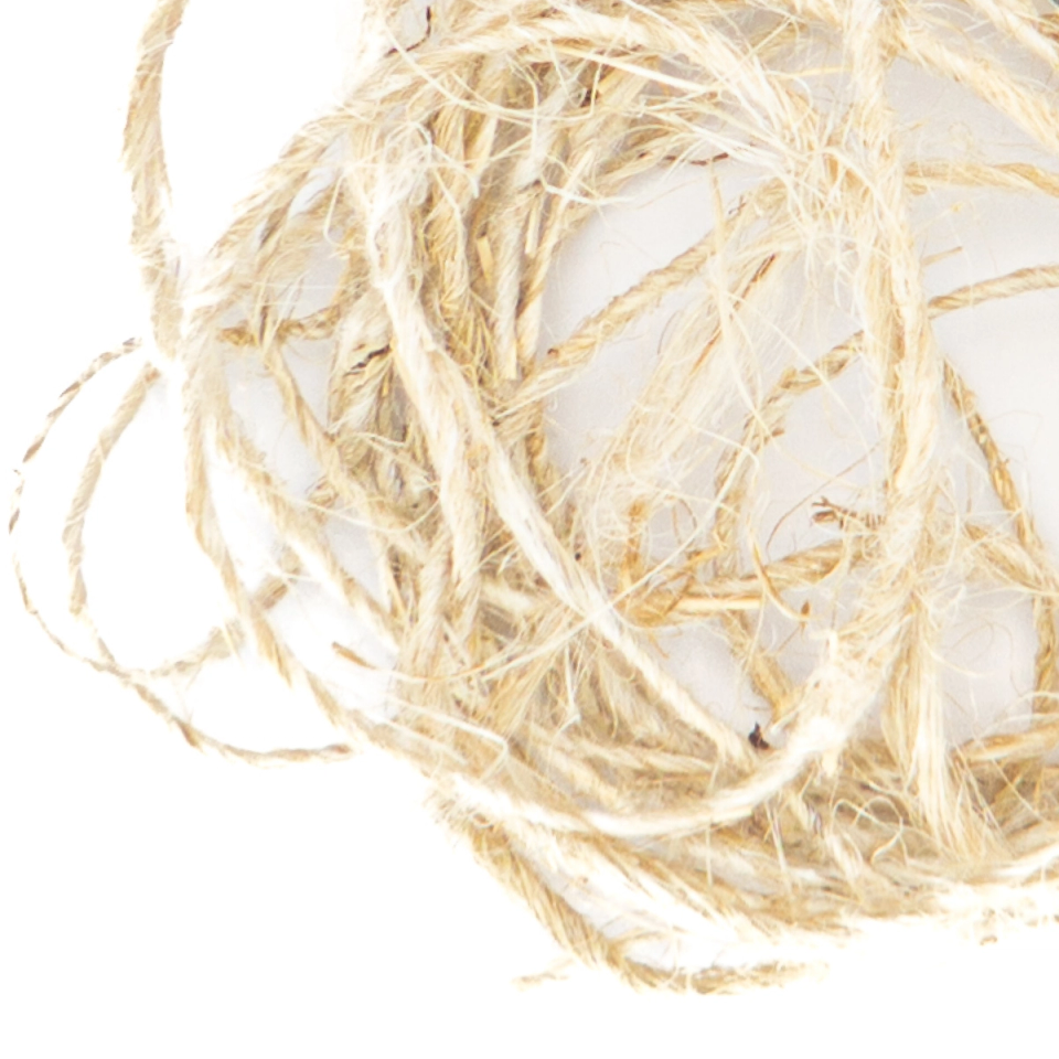 A loose coil of flax fibre in pale straw, the strands twisted into rough cords that loop and cross over one another.