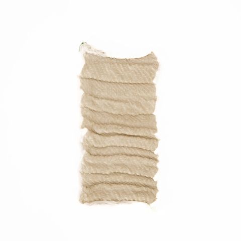 A narrow handwoven linen swatch in natural flax beige, its surface gathered into a series of horizontal ripples running the length of the piece, with loose threads fraying at each end.