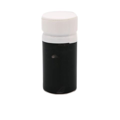 A small clear vial with a white screw cap, filled to the shoulder with opaque black ink.