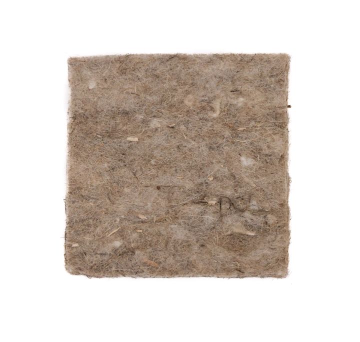 The pad flat-on and filling the frame, its dense felted surface scattered with pale flecks and a few darker fragments.