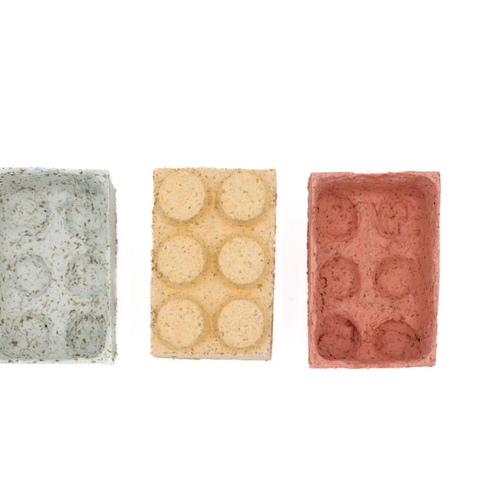 Three small moulded pulp trays side by side — pale sage, cream and terracotta — each pressed with rows of round wells.