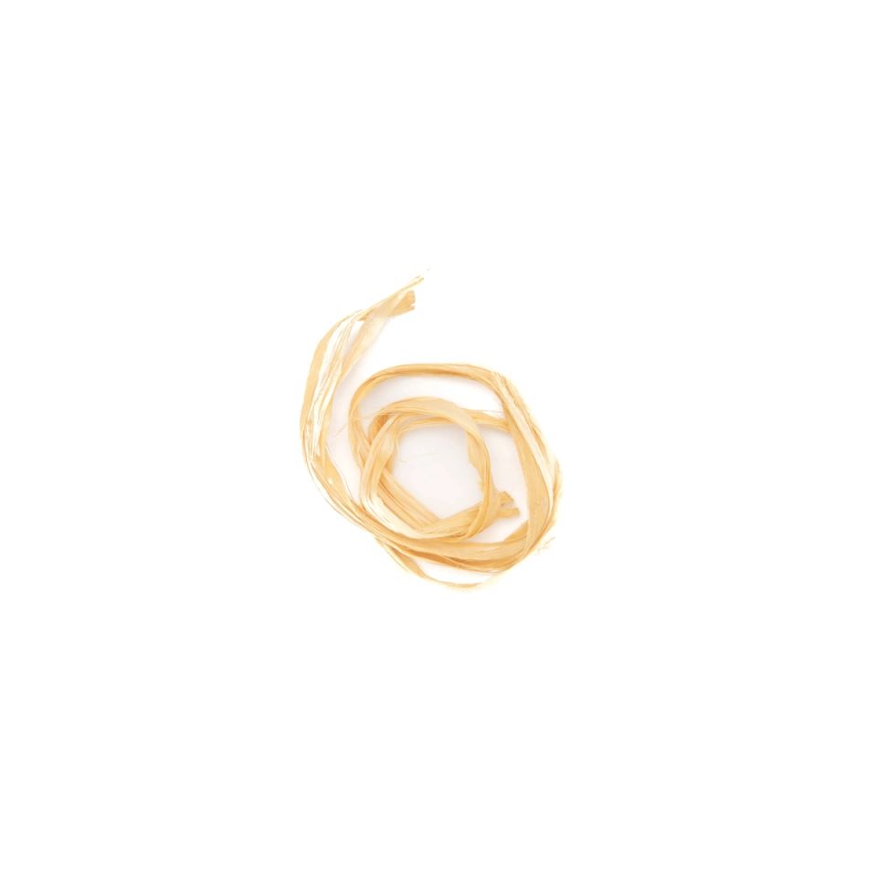 A single loop of the fibre lying alone, a thin pale ribbon twisted into a small open circle.