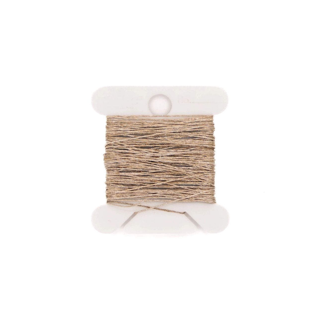 A small white spool wound with fine dark grey conductive thread, a loose loop of it trailing out across the surface.
